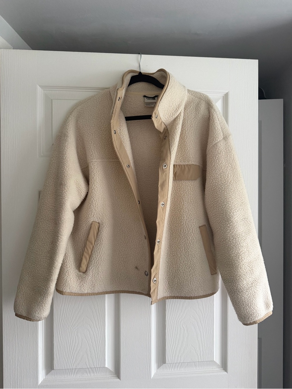 The North Face Cream Sherpa Teddy Jacket with Tan Trim